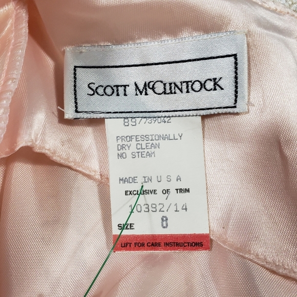 Vintage Scott McClintock Satin Lace Drop Waist Peplum Dress Sz 8 Pink Peach Bow - Picture 12 of 16